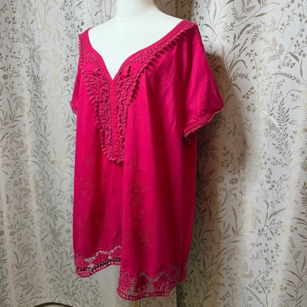 Motto Crochet V Neck Tunic Top Womens 3X Pink Boho Peasant Plus Size Festival